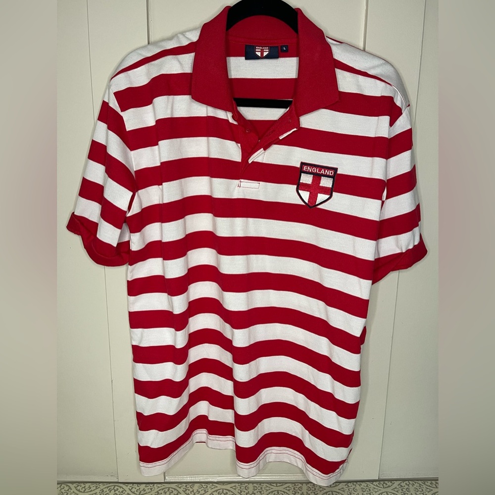 England Red/White Striped Rugby Polo Size Mens Large Preloved
